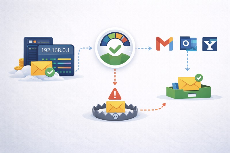 Ilustración de la seguridad del correo electrónico: los correos electrónicos con buena reputación IP pasan la verificación para colocarse correctamente en la bandeja de entrada, mientras que los mensajes sospechosos se marcan con una alerta y se dirigen a una trampa.