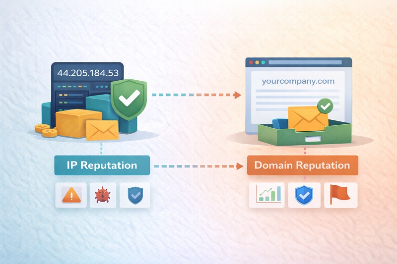 Ilustración que compara la reputación de IP y la reputación de dominio, destacando cómo la seguridad, las alertas y la validación de ambas influyen en la entregabilidad del correo electrónico y en la ubicación en la bandeja de entrada. Los iconos representan visualmente estos factores para las direcciones IP y los dominios web.