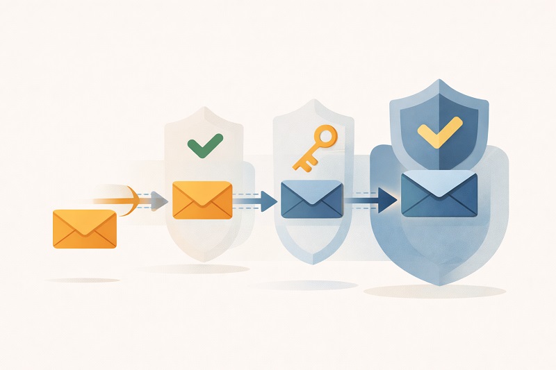 Ilustración del proceso de entrega segura de correo electrónico, mostrando sobres que se mueven a través de escudos con marcas de verificación y un símbolo de llave, que representan la encriptación de datos, la colocación en la bandeja de entrada y la protección para mejorar la entregabilidad del correo electrónico.
