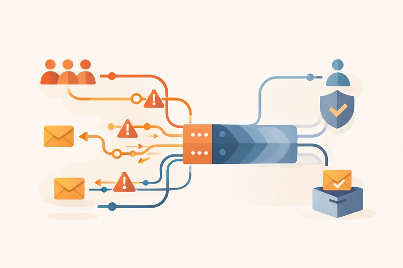 Ilustración de un proceso de filtrado, que muestra correos electrónicos y alertas que se clasifican en función de la reputación de la IP, con mensajes seguros dirigidos a un usuario marcados con un escudo y un icono de marca de verificación.