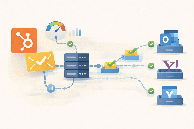 Diagrama que muestra el flujo de datos desde HubSpot y un servidor de correo electrónico a tres bandejas de entrada -Outlook, Yahoo y Yandex- con marcas de verificación que resaltan la colocación correcta en la bandeja de entrada y una fuerte capacidad de entrega del correo electrónico.