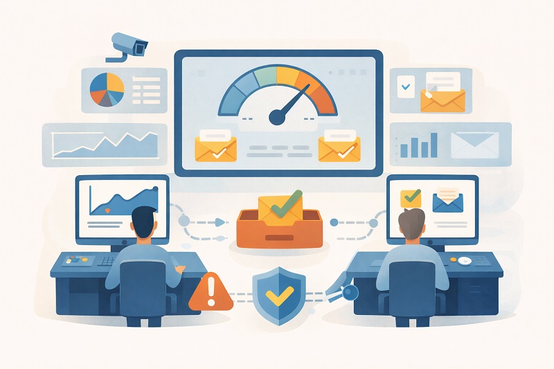 Dos personas trabajan en mesas de ordenador rodeadas de gráficos de datos, iconos de seguridad y mensajes, mientras un gran panel de control de rendimiento destaca la ubicación de la bandeja de entrada y la entregabilidad del correo electrónico en segundo plano.