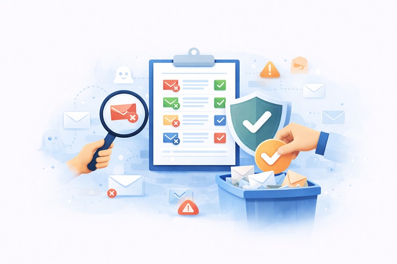 Ilustración de una lista de comprobación, una lupa, un escudo y unas manos clasificando correos electrónicos en una papelera, destacando el filtrado de correo electrónico, las medidas de seguridad y el papel de la reputación IP en la entregabilidad del correo electrónico.