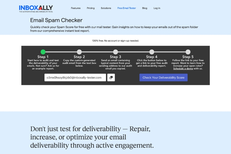 Screenshot of InboxAlly's email spam checker tool, an effective Mail-Tester alternative. It features a 4-step guide for checking deliverability scores, helping you navigate spam filters with ease. A large button prompts, "Check Your Deliverability Score.