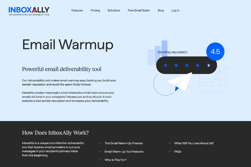 Screenshot of InboxAlly's "Email Warmup" page, highlighting its deliverability tool benefits and features. A 4.5 reputation rating emphasizes it as a strong Mail-Tester alternative, effectively navigating spam filters to enhance email campaigns.