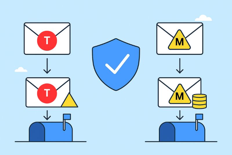 Illustration of secure email delivery: one path shows a threatening Marketing Email blocked, another shows a safe Transactional Email delivered, with a shield and check mark in the center.