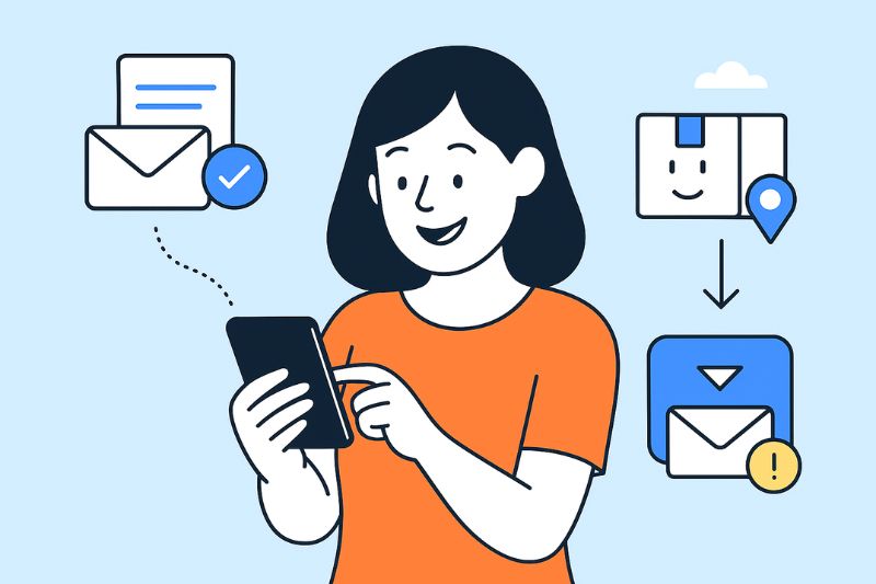 A woman in an orange shirt uses a smartphone, surrounded by illustrated icons of envelopes, messages, and a package—symbolizing communication through marketing emails and transactional email for seamless delivery.