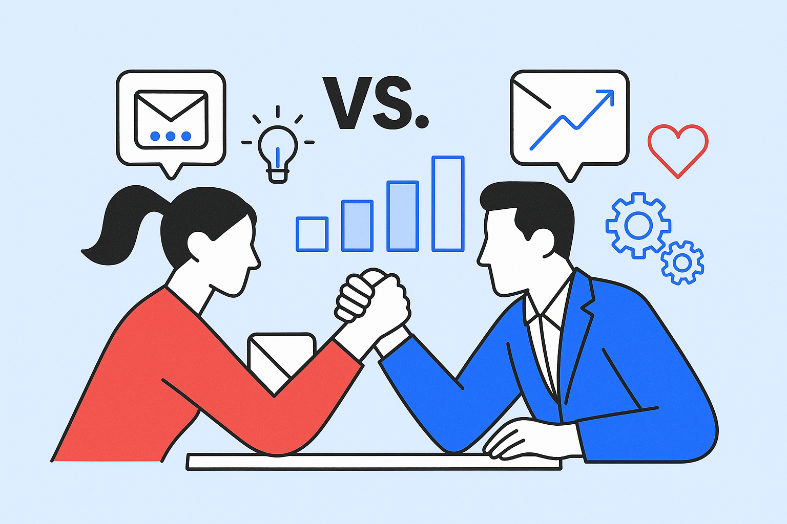 An illustration of a man and woman arm wrestling, surrounded by icons of communication, innovation, and growth. This scene symbolizes a competitive business or teamwork scenario with a nod to the dynamic world of email marketing.