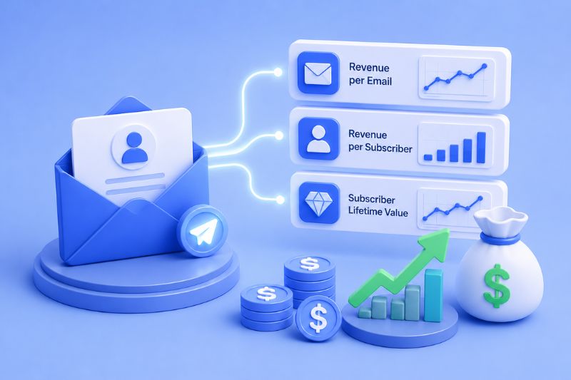 Illustration highlighting key email revenue metrics, including revenue per email, revenue per subscriber, and subscriber lifetime value.