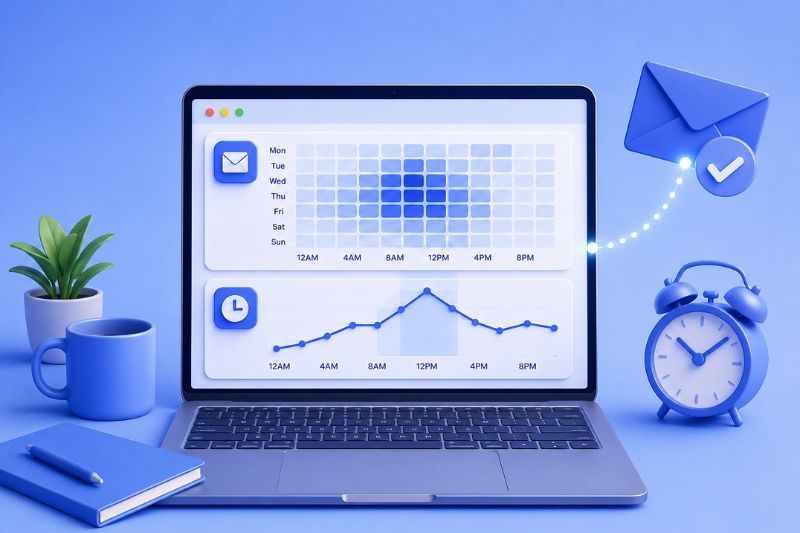 Illustration showing email engagement heatmaps and time-of-day analysis used to identify the best times to send campaigns