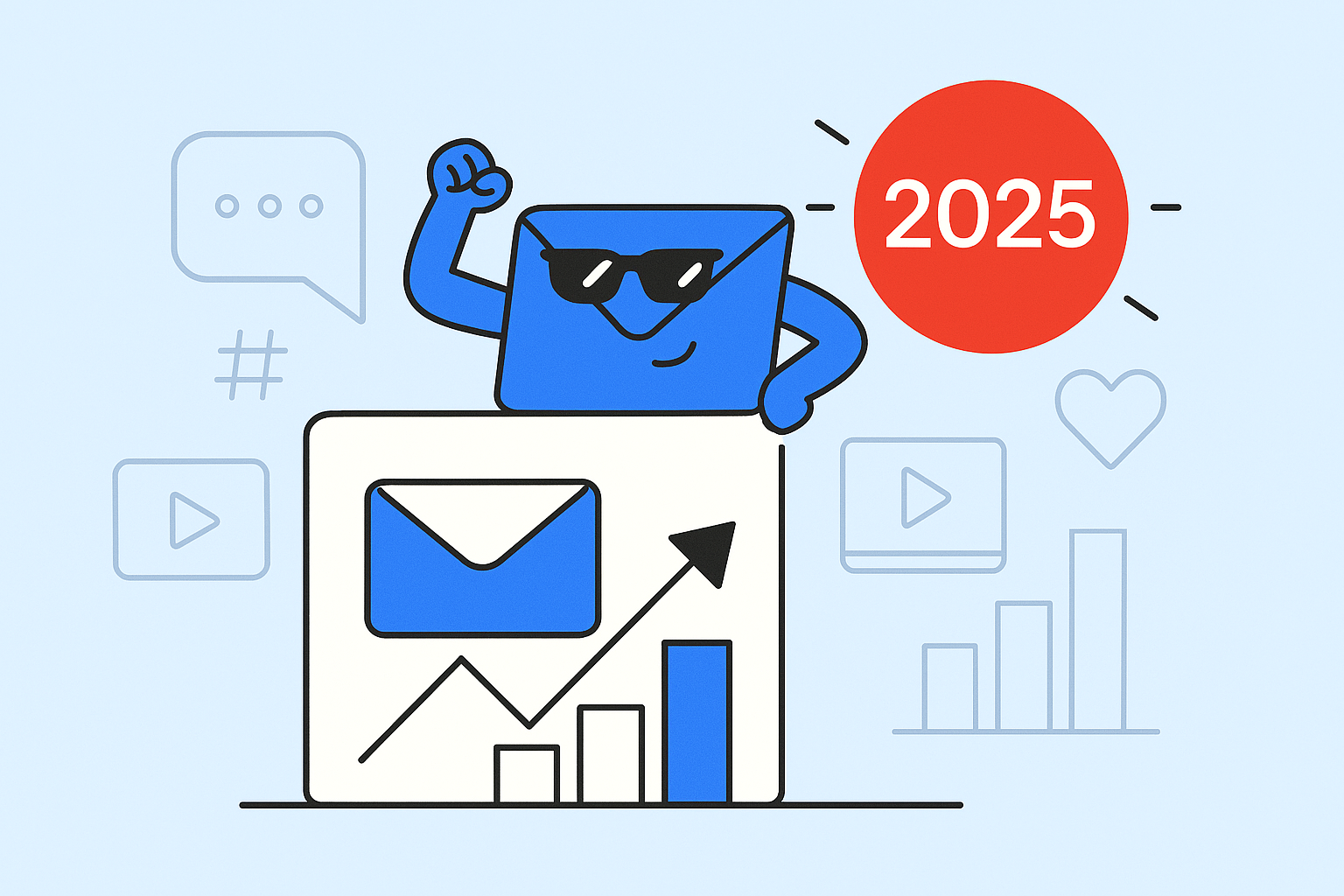 Illustration of a blue envelope with sunglasses flexing its arm atop a chart showing an upward trend, showcasing the enduring power of email marketing. A red circle marked "2025" sits in the background amidst various social media icons, asking: Is email marketing still effective?.
