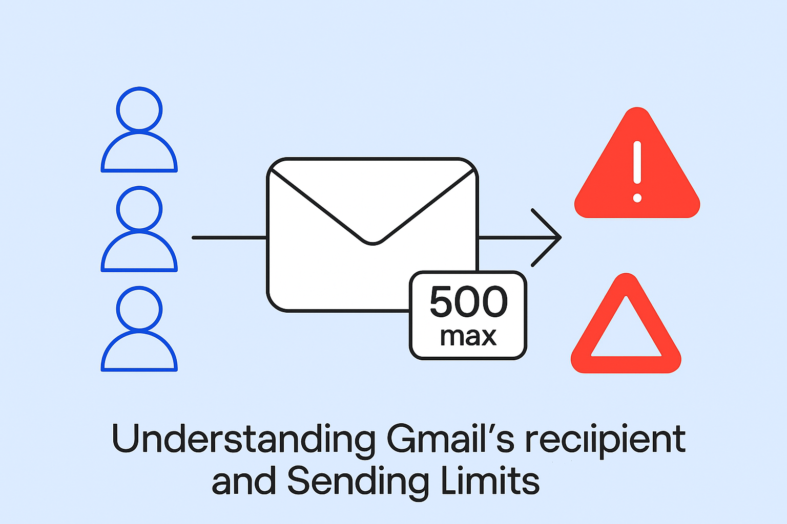 Illustration depicting Gmail's email sending limits: a maximum of 500 recipients per message, with warning icons indicating restrictions.