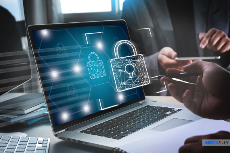 A laptop screen displaying lock icons, illustrating the concept of "what is a secure email