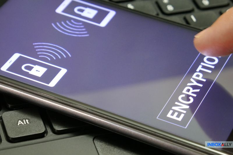 Two phones with lock icons, and the word "ENCRYPTION," illustrating "what is a secure email."