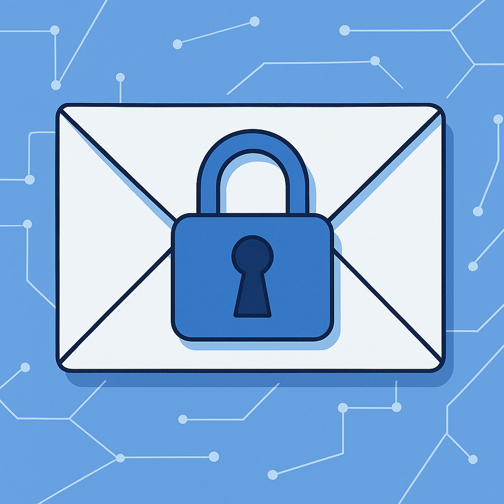 Illustration of an envelope with a padlock symbol on it, set against a blue background with circuit-like lines, embodying secure email and encrypted communication.