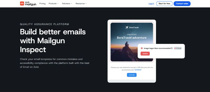 Mailgun Inspect homepage highlighting email template testing, accessibility checks, and quality assurance features.