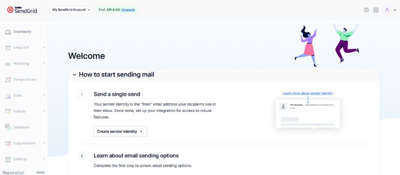 SendGrid dashboard guiding users through sender identity setup and email sending configuration