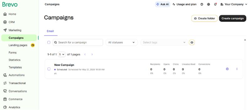 Brevo dashboard displaying email campaign management, scheduling, and performance tracking.