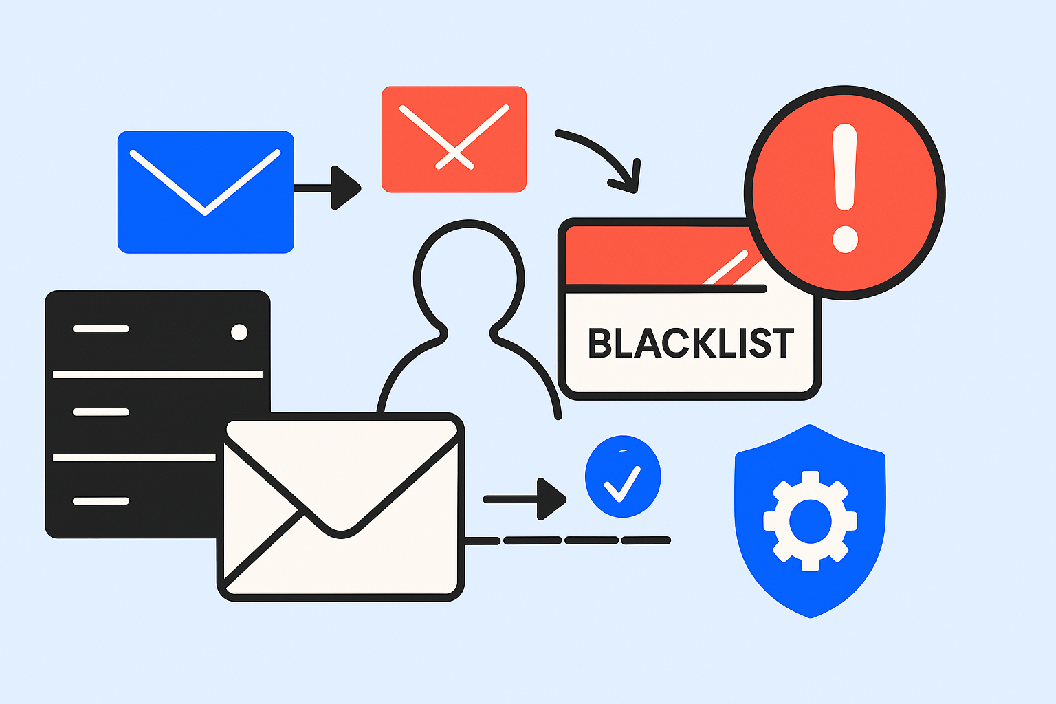 Illustration of email security: envelopes, server, user icon, blacklist notice, exclamation mark, shield, cogwheel, and arrows depicting message flow and security measures. Note the blacklisted domain as a critical element in safeguarding communication integrity.