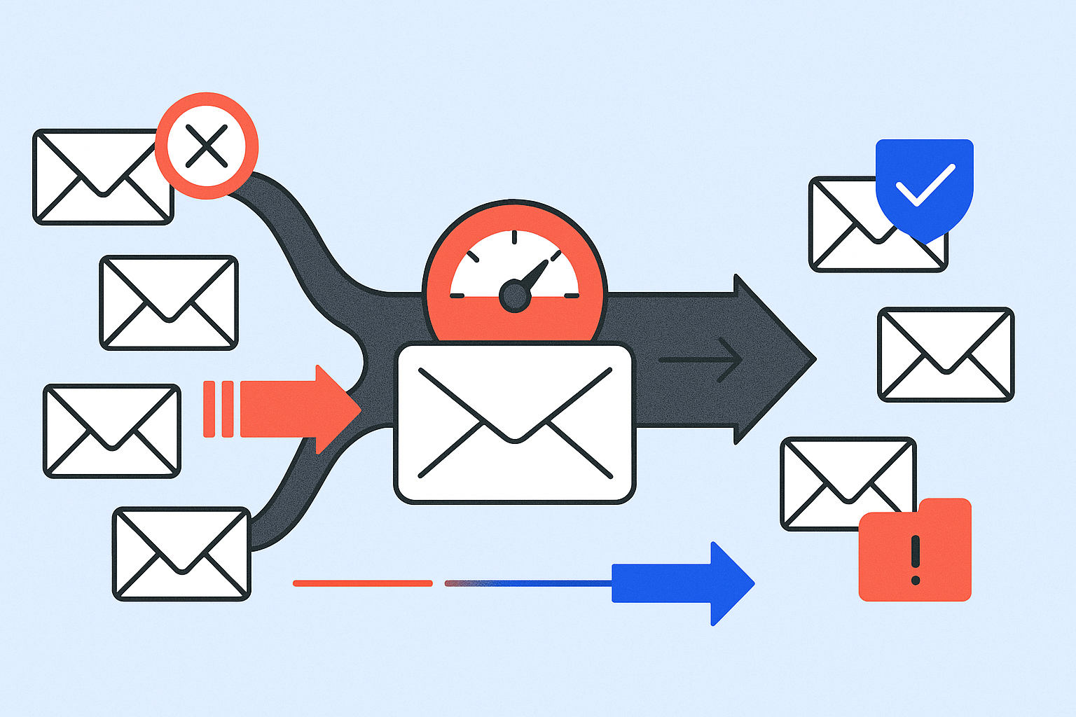 Illustration of an envelope navigating a speedometer, showcasing email throttling as it filters messages into unread, read, and flagged categories using symbols like checkmarks, exclamation points, and arrows.