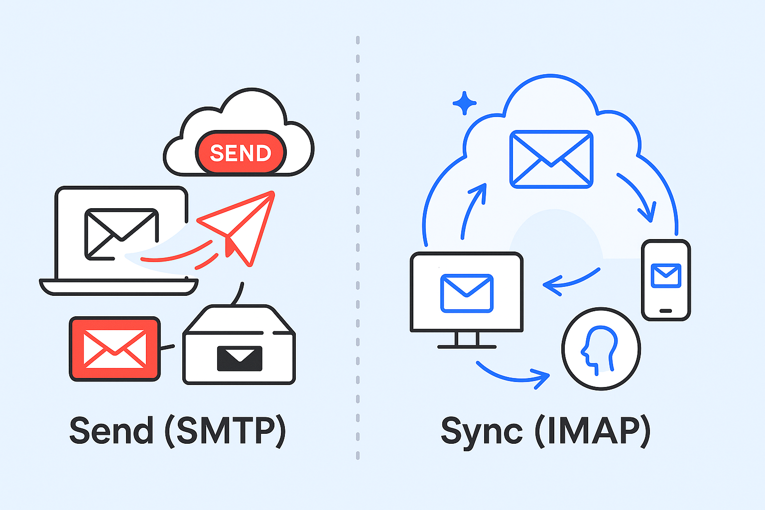 Diagram illustrating the differences between IMAP vs SMTP: email sending via SMTP on the left with devices and envelopes, and syncing via IMAP on the right with interconnected devices and envelopes.