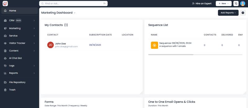 EngageBay marketing dashboard displaying contacts, email sequences, delivery activity, and campaign engagement metrics.