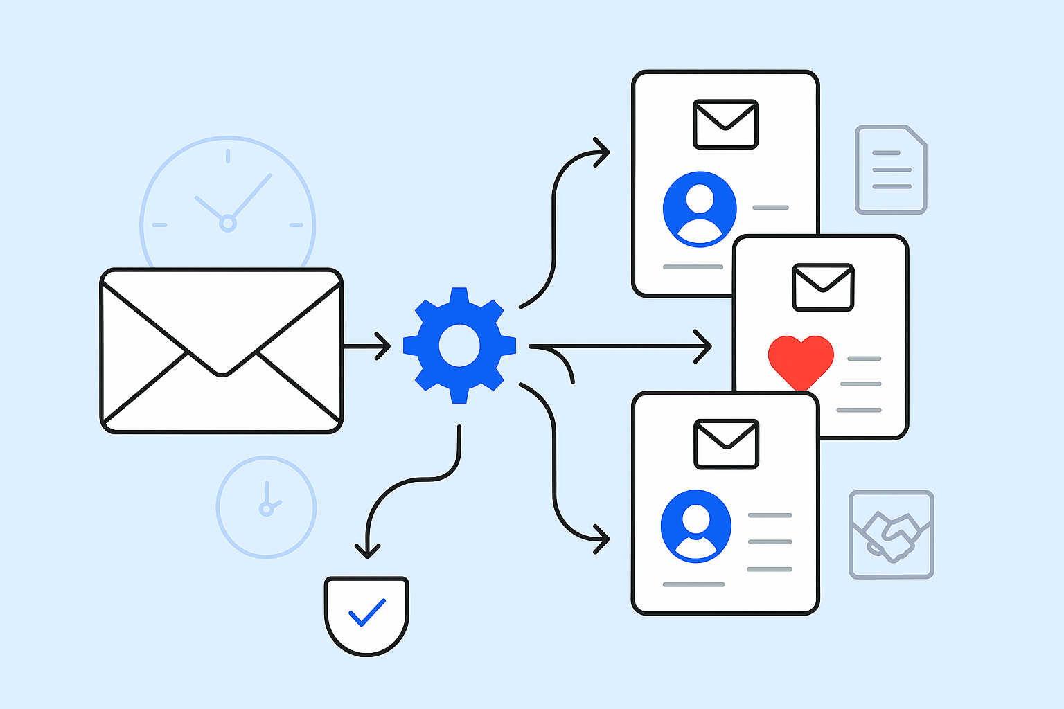 A diagram illustrates mail merge advantages by showing an envelope leading to a gear, then branching to three documents with icons: person, heart, and clock, symbolizing streamlined workflow or communication processes.
