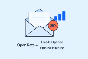 Illustration of an open envelope with a 26% symbol, a bar graph, and the formula: Open Rate = Emails Opened / Emails Delivered. A must-see guide for email marketers aiming to optimize their strategies.