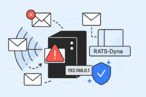 Illustration of a server with icons displaying emails, alerts, and a warning sign labeled "RATS-Dyna Blacklist," alongside an IP address 192.168.0.1 and a security shield, highlighting potential cybersecurity threats.