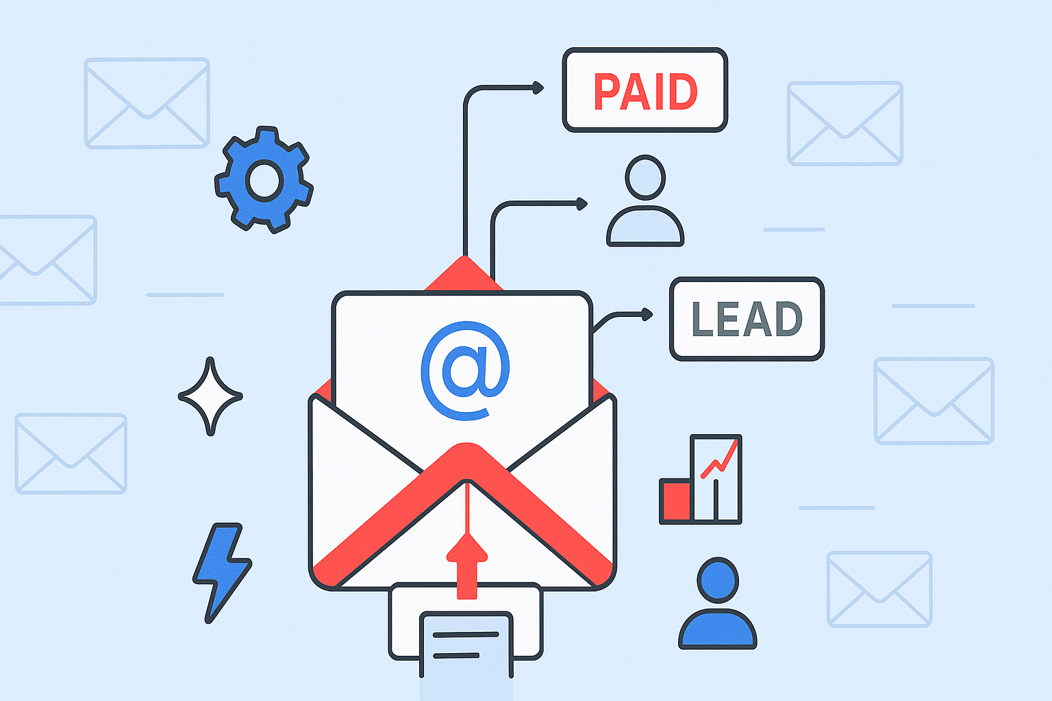 Illustration of a SaaS Email Marketing icon with arrows directing to "Paid" and "Lead" symbols, accompanied by gear, chart, and user icons. Envelope outlines enhance the background.