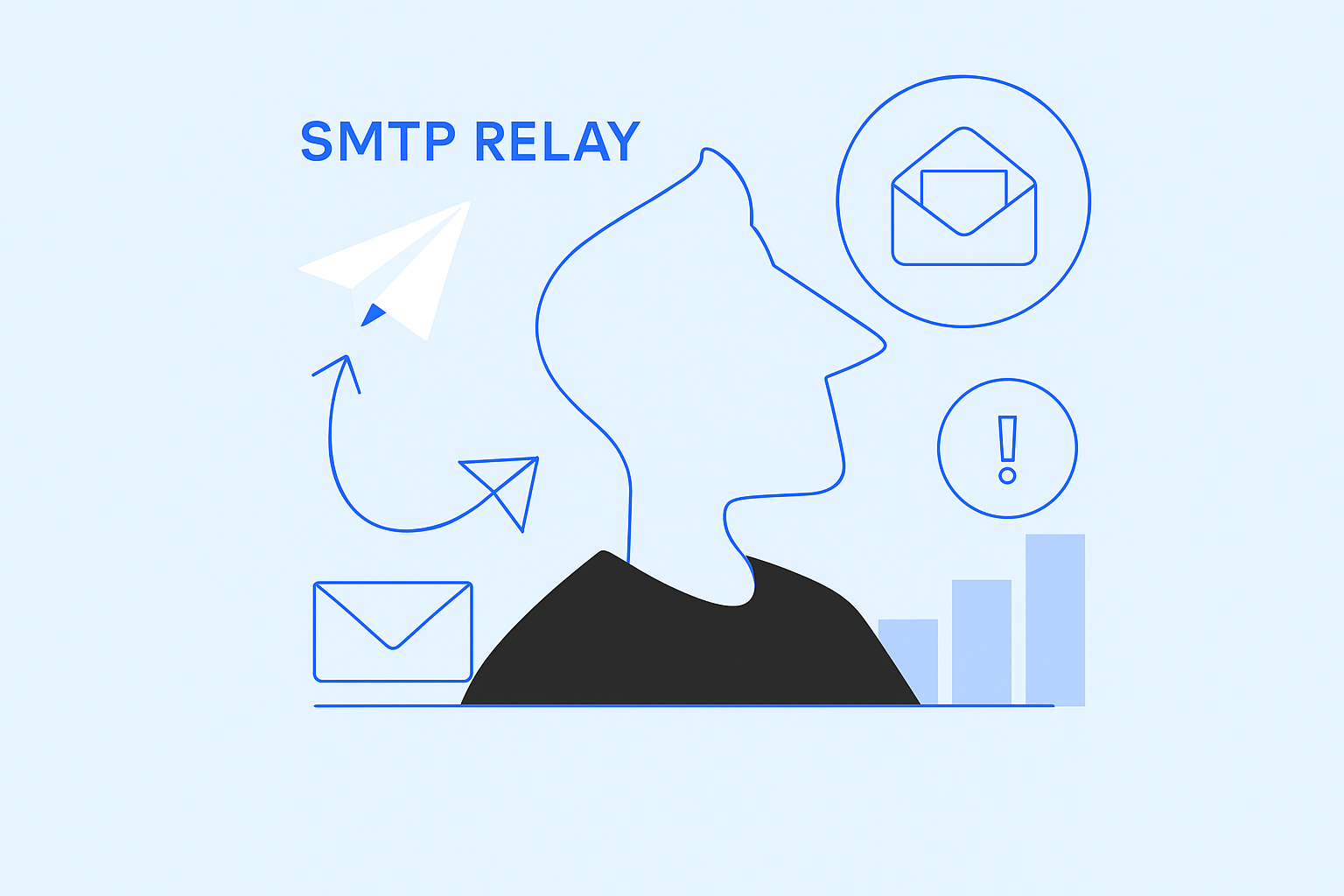 An outline of a person's profile is surrounded by icons like a paper plane, envelope, exclamation mark, and bar chart, all highlighting the "SMTP Relay" text—a feature worth knowing for effective communication.