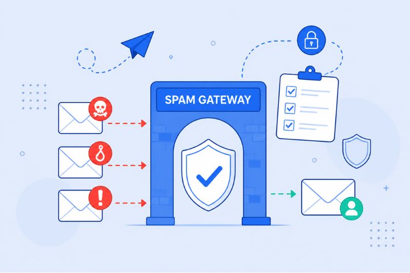 Illustration of a spam gateway filtering harmful emails and allowing safe emails through, with icons representing email threats, business security, and approval.