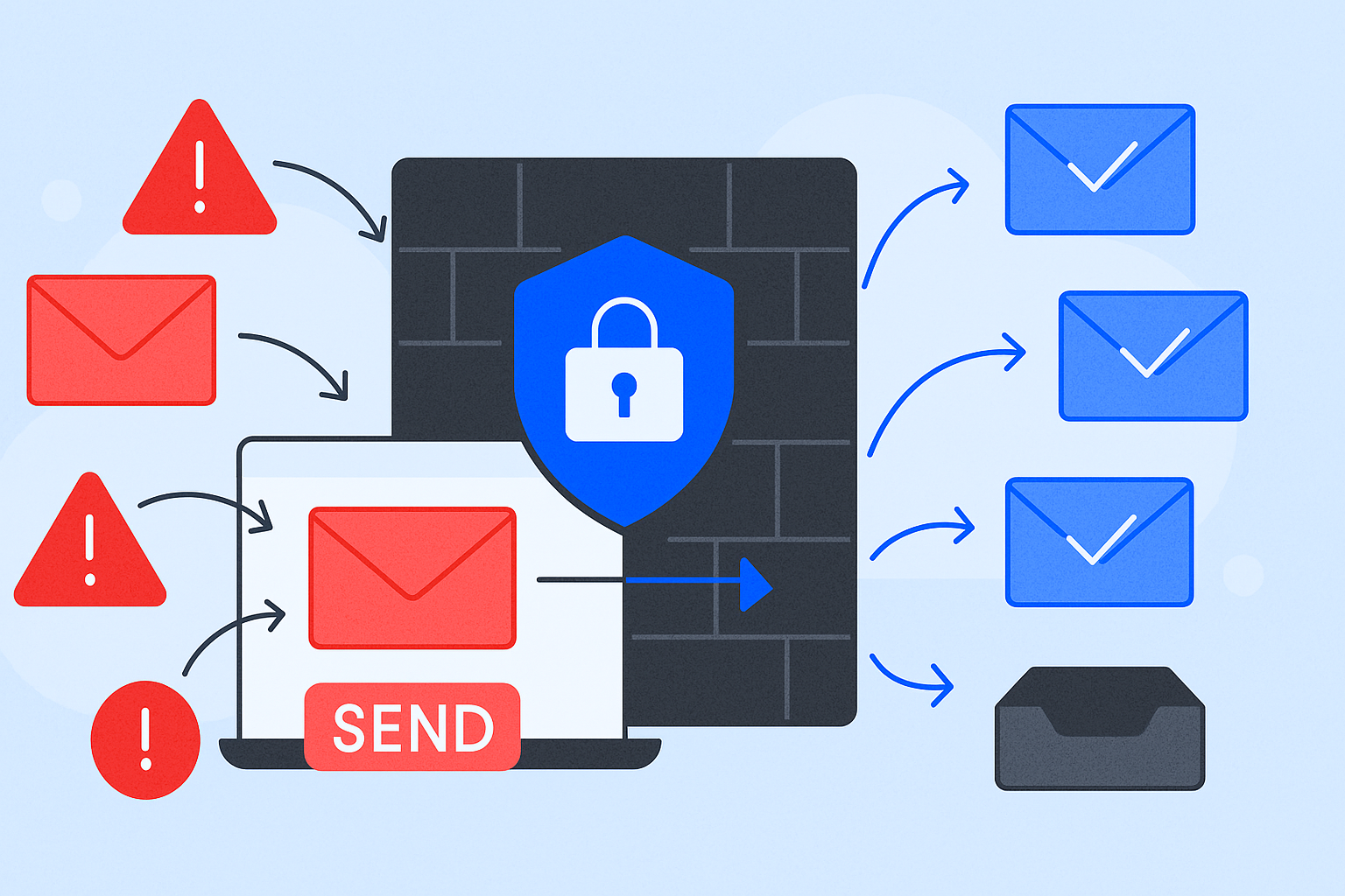 Illustration of a secure email system using advanced spam gateways. Red envelopes with exclamation marks are blocked by a shield, while blue envelopes proceed through the system. A "Send" button is shown on a laptop, highlighting enhanced business security against email threats.