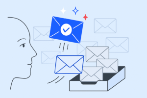 Illustration of a person sorting through letters, with two marked envelopes entering a tray. This visual elegantly represents navigating and organizing mail, much like learning how to build trust in a crowded inbox.