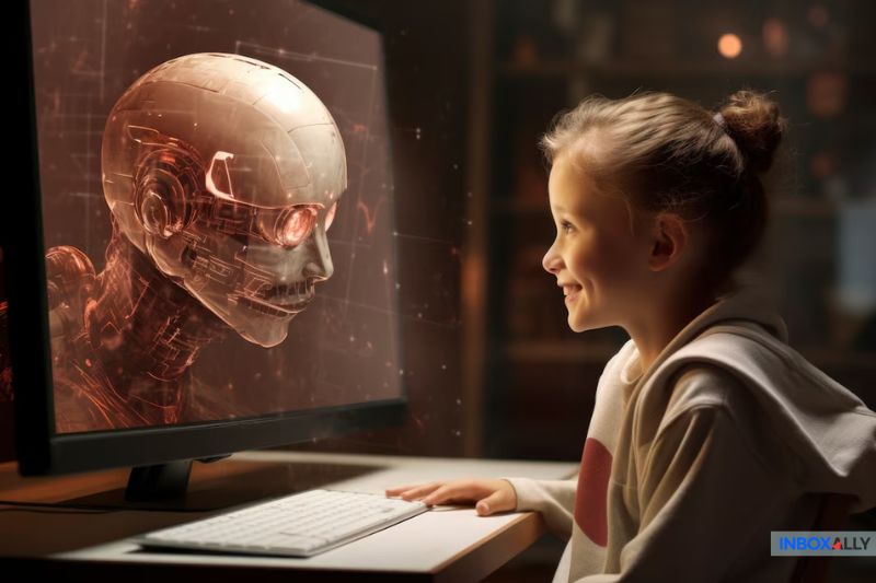 A child sitting at a desk smiles at a glowing robotic figure on a computer screen, marveling at how AI email personalization can create connections just like human marketers do.