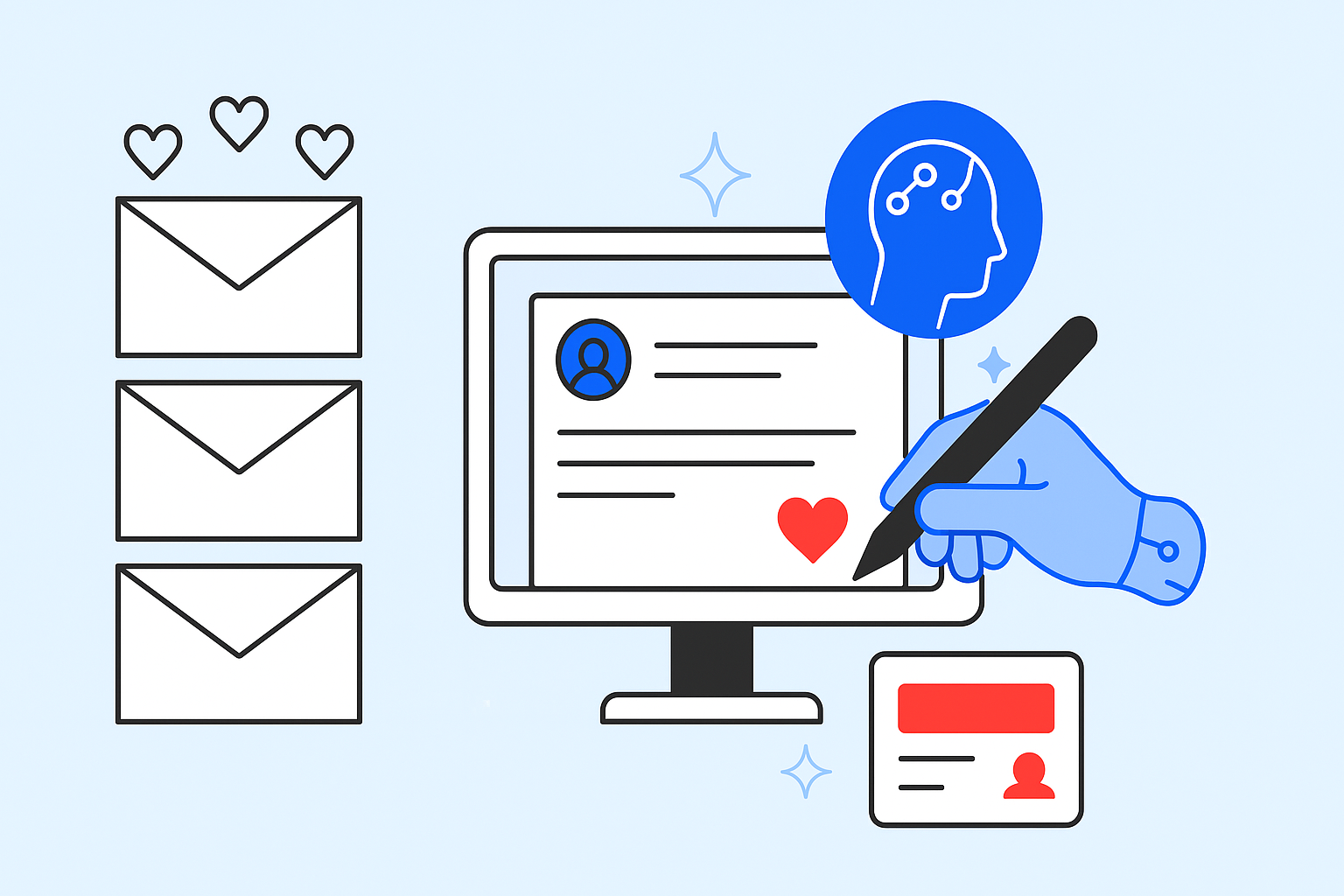 An illustration depicts a computer screen with a profile and heart, a robotic hand writing, and envelopes with hearts alongside an ID card. This imagery symbolizes digital communication enhanced by AI email personalization, bridging the gap between marketers and human marketing innovation.