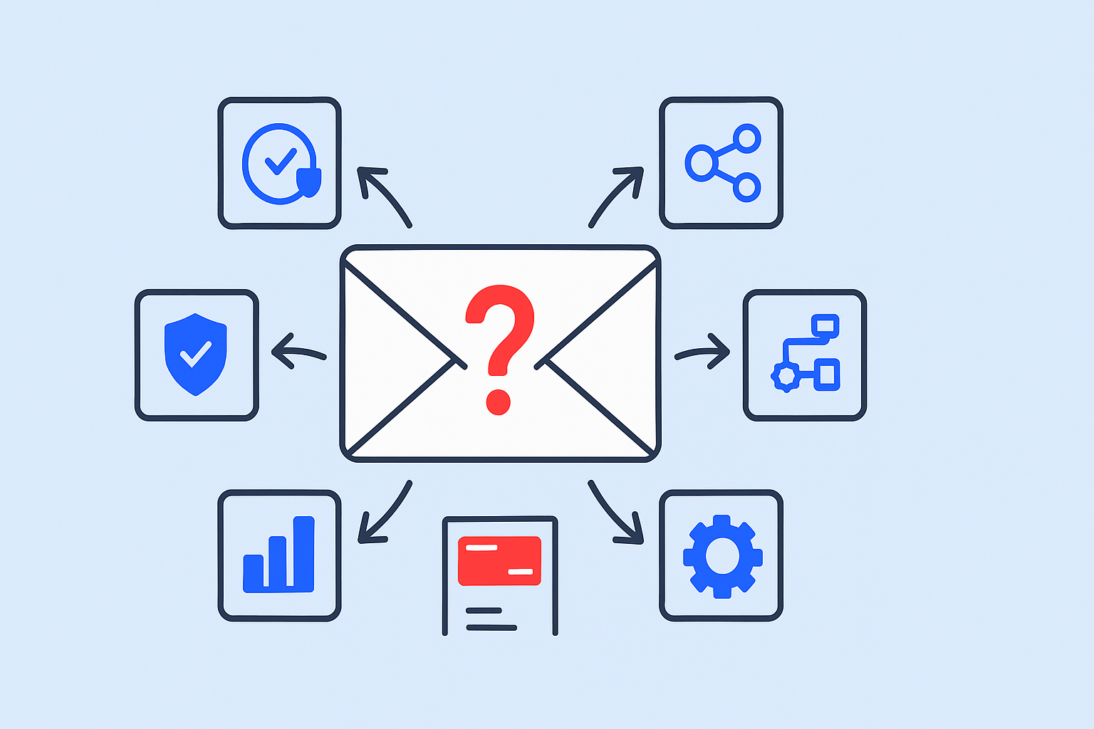 Envelope with question mark in center, surrounded by symbols: shield, graph, checkmark, network, flowchart, gear, and ID card. Arrows connect each symbol to the envelope. Light blue background highlights this as a top pick for those seeking the best Sendgrid alternative.