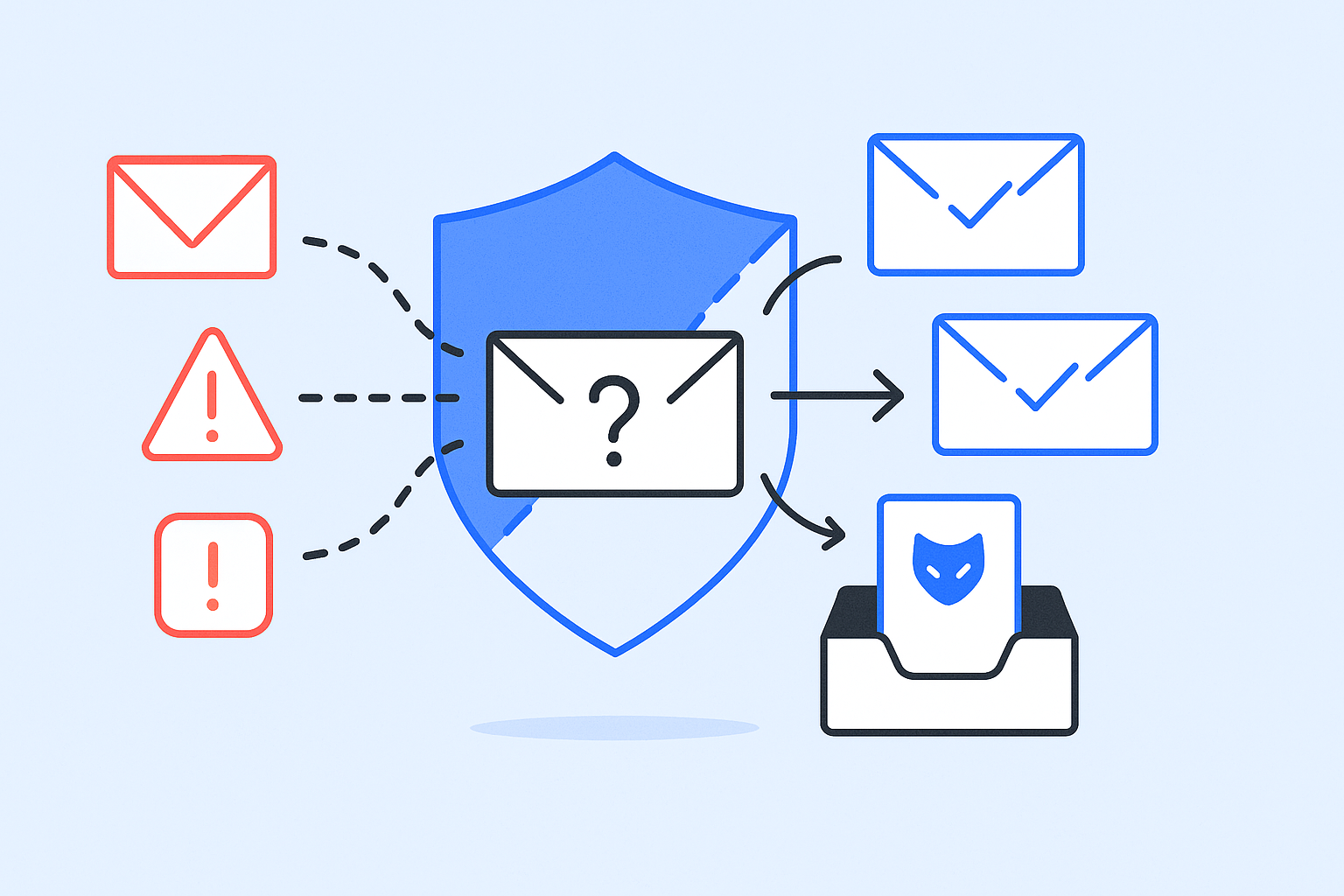 Illustration of a shield utilizing a hosted email spam filter, directing safe emails to a tray with a cat icon while blocking or flagging malicious ones, symbolized by exclamation marks.