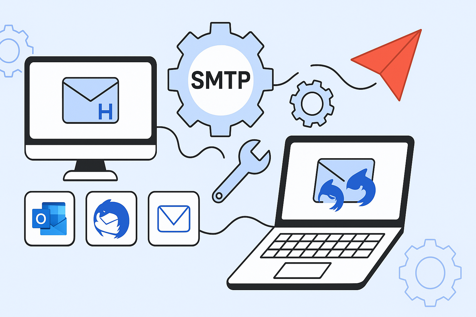 Diagram of email communication. A computer and a laptop with email icons are connected by gears labeled "SMTP settings." A paper airplane represents sending email. The setup serves as a simple Hotmail guide, highlighting the essentials of configuring Hotmail SMTP settings effectively.