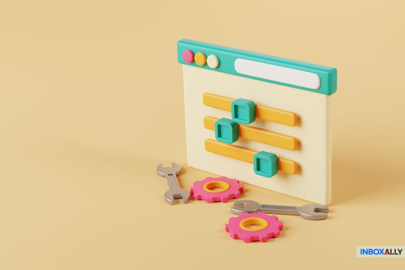 Illustration of a computer window with sliders, two wrenches, and two gear wheels on a yellow background, resembling a Quick Guide to setting up Hotmail SMTP settings.