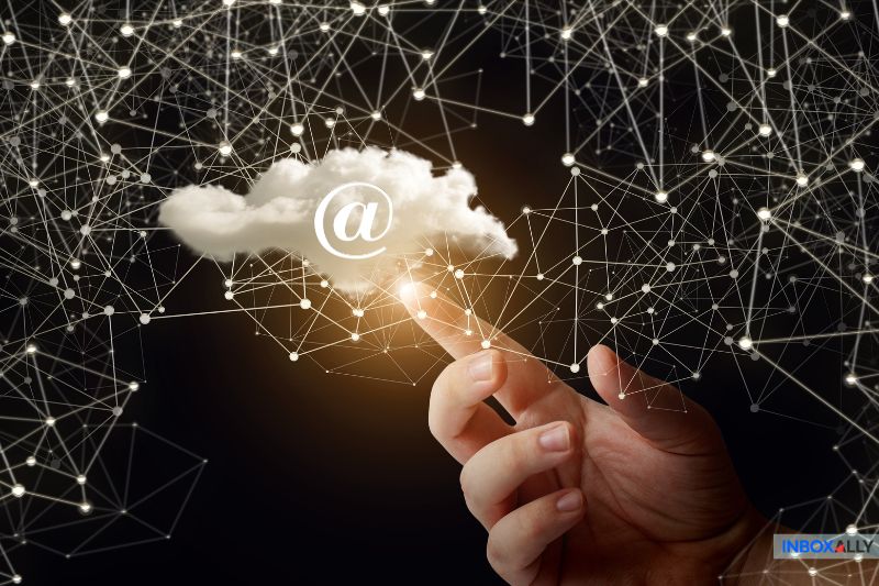 A hand points to a cloud with an email symbol, seamlessly syncing emails through a network of interconnected lines and glowing nodes.