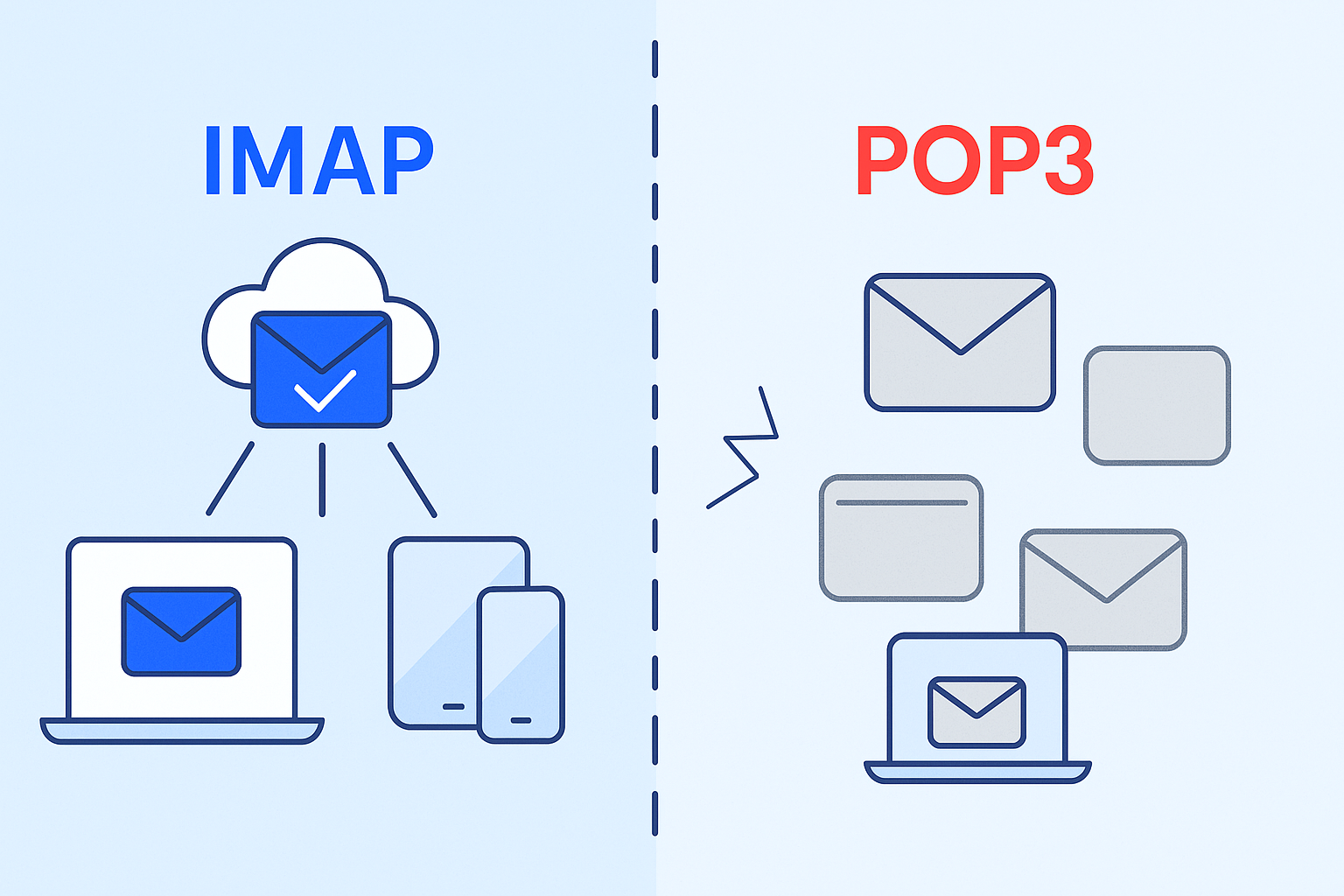 Comparison of IMAP vs POP3 email protocols: IMAP ensures synchronized emails across devices through the cloud, while POP3 involves downloading emails to a single device.