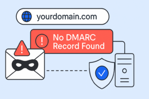 Image illustrating the absence of a DMARC record for "yourdomain.com," spotlighting a security vulnerability. Icons include an envelope with a mask, a server, and a shield with a checkmark, emphasizing the need to prioritize DMARC records for online protection and better SEO strategies.