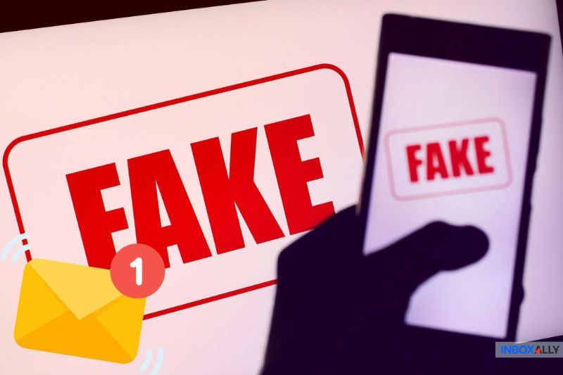 Silhouette of a hand holding a phone displaying the word "FAKE," with a looming "FAKE" sign and a notification envelope icon in the background, warning of spam and tricked order confirmation emails.