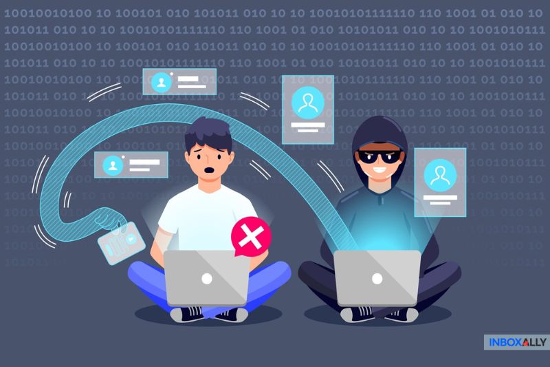 A hacker in a hoodie tricks a user into downloading spam, stealing data on laptops. Binary code looms in the background, an alert symbol flashes on the user's screen, and documents with profile icons float ominously above.
