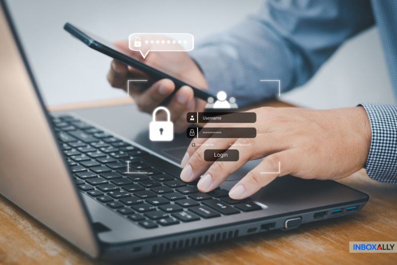 Amidst a flurry of digital security interfaces, including lock icons and login fields, a vigilant person wields a smartphone and laptop, ensuring they do not get tricked by the latest wave of order confirmation email spam.