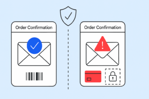 A comparison of two order confirmation emails: the left is secure with a check mark, while the right warns of potential spam with a warning symbol and lock icon. Don’t get tricked; always verify legitimate details in your order confirmation email.