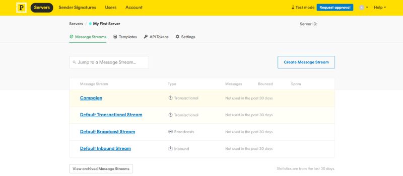 Postmark message streams dashboard showing transactional, broadcast, and inbound email streams for a configured server