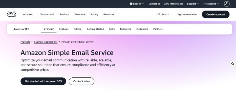 Amazon Simple Email Service (SES) overview page highlighting scalable and secure email communication services.