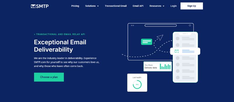 SMTP.com email deliverability platform highlighting transactional email and API services with delivery and list health monitoring